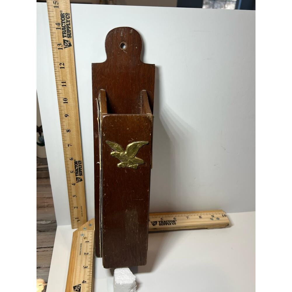 Vintage Wooden Wall Mount Letter Holder with Brass Eagle Emblem Rustic Decor